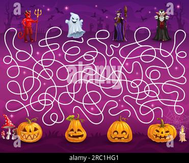 Halloween-Labyrinth-Labyrinth-Spiel. Hilf unheimlichen Figuren, Kürbisse zu finden. Vektorspiel-Arbeitsblatt für Kinder mit Cartoon-Teufel, Geist, Hexe und Vampir auf dem Friedhof mit Jack-Laternen, Kinderrätsel Stock Vektor