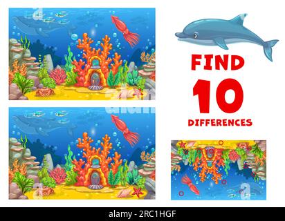 Finden Sie zehn Unterschiede in der Unterwasserlandschaft mit dem Coral House. Vektor-Brettspiel für Kinder mit Meerjungfrauenheim, Delfinen, Walen, Tintenfischen, Seesternen und Krabben auf dem Meeresgrund. Pädagogische Kinderrätselaktivität Stock Vektor