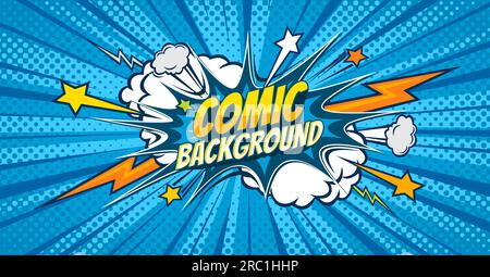 Blauer Hintergrund für Comic-Pop-Art mit Blitzlichtern und Comics-Blasen. Vektor-Halbtonmuster im Hintergrund mit Comicbuch Burst Clouds, Boom Stars und Explosion Blitzeinschlägen Stock Vektor