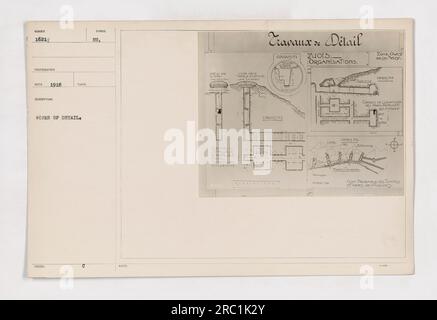 Die Überschrift für dieses Bild könnte lauten: "Detailwerke, die während des Ersten Weltkriegs vom amerikanischen Militär ausgeführt wurden. Das Foto wurde 1918 aufgenommen und zeigt Soldaten, die an Bau- und Wartungsarbeiten beteiligt sind. Die dargestellte Lage ist Chernée ou Junnercity CTMATTE.DE.C Pancrus A.G. B.RATE COUME ON LE TULCE tu Travaux de Détail Quois. Es werden verschiedene Aufgaben ausgeführt, darunter die Dokumentation und Kartierung von Organisationsstrukturen und Tunneln sowie die Planung zukünftiger Operationen.“ Stockfoto