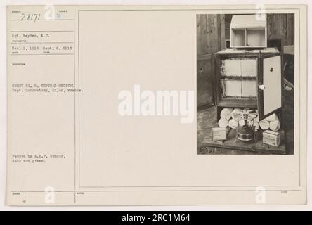 Sergeant Reyden, ein Fotograf des Armeekorps, hat dieses Bild am 8. September 1918 aufgenommen. Das Foto wurde in Chest No. 5, Central Medical Department Laboratory in Dijon, Frankreich, aufgenommen. Sie wurde schließlich empfangen und ausgestellt, aber die genauen Daten sind nicht angegeben. Das Foto wurde vom A.E.F.-Zensor genehmigt. Hinweis: Foto-Nr. 28171. Stockfoto