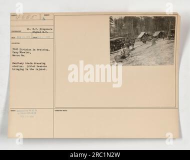 Bild der 31. Division im Training in Camp Wheeler, Macon Ga Auf dem Foto ist eine Sanitär-Verbandstation, wo Müllträger die Verletzten hinbringen. Aufgenommen am 5. Februar 1918, von Lieutenant H.P. Kingsmore, Signal B.C. Foto veröffentlicht von W.O.D. und ausgestellt an die Photo Division am 29. Februar 1918. Labornotizen geben die Nummer des Fotos als 4655 an. Stockfoto