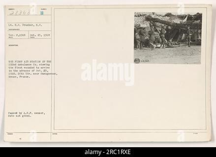 Erste-Hilfe-Station der 102. Ambulance Co., die ersten Verwundeten treffen vor dem 23. Oktober 1918 ein. In der Nähe von Samogneaux, Mause, Frankreich. Dieses Foto wurde am 25. Oktober 1918 aufgenommen und am 2. Dezember 1918 erhalten. Es wurde als Subjekt 28368 ausgegeben und von LT. H.S. gefangen genommen Drucker, S.C. Das Bild wurde vom A.E.F.-Zensor bestätigt, aber das genaue Datum ist unbekannt. Anmerkungen: 28368." Stockfoto