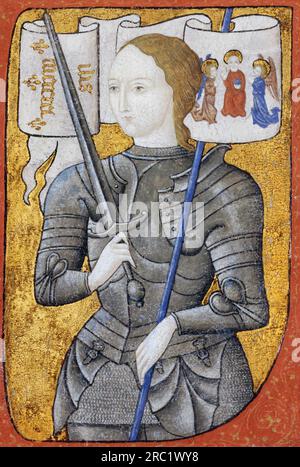 Frankreich: Jeanne d'Arc/Jeanne d'Arc (ca. 1412.-30. Mai 1431). Lackierung auf Pergament, ca. 1485. Die Heilige Jeanne d'Arc, mit dem Spitznamen „die Maid der Orléans“, gilt als nationale Heldin Frankreichs und als katholische heilige. Ein Bauernmädchen aus Ostfrankreich, das göttliche Führung beanspruchte, führte die französische Armee während des hundertjährigen Krieges zu mehreren wichtigen Siegen, der den Weg für die Krönung Karls VII ebnete Sie wurde von den Burgundiern gefangen genommen, an die Engländer verkauft, von einem kirchlichen Gericht angeklagt und auf dem Scheiterhaufen verbrannt, als sie 19 Jahre alt war. Stockfoto