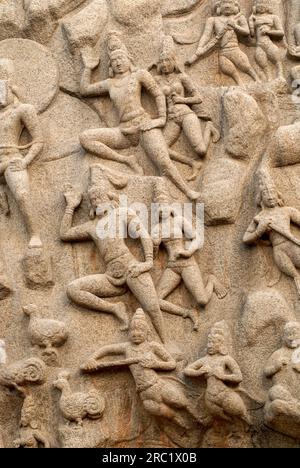 Bas Reliefs, Gott und Göttinnen geschnitzt auf Arjunas Buße Abstieg des Ganges in Mahabalipuram Mamallapuram nahe Chennai, Tamil Nadu, Südindien Stockfoto