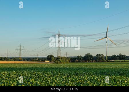 Hochspannungsmasten, Windkraftwerk, Melbeck, gemeinsame Gemeinde Ilmenau, Niedersachsen, Deutschland Stockfoto