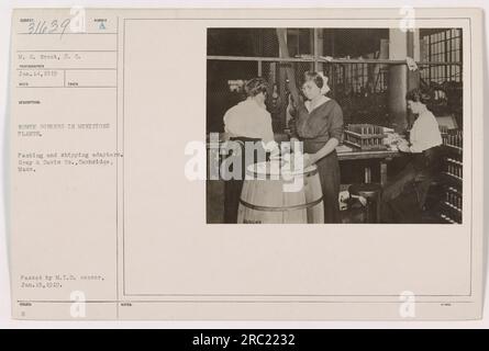 Bildunterschrift: 'Weibliche Arbeiter beim Verpacken und Versenden von Adaptern im Munitionswerk Gray & Davis Co. In Cambridge, Massachusetts. Ein Foto von MS Grost am 14. Januar 1919 im Ersten Weltkrieg. Stockfoto