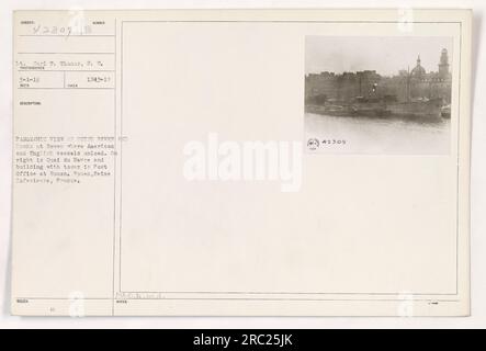 Dieses Foto wurde vom Fotografen Carl F. Thonor am 1. März 1919 aufgenommen und zeigt einen Panoramablick auf die seine und die Docks in Rouen in Frankreich. Amerikanische und englische Schiffe können beim Entladen an den Docks gesehen werden. Auf der rechten Seite des Bildes befindet sich der Quai du Havre, und das Gebäude mit einem Turm ist das Postamt in Rouen. Das Bild wurde am 13. Dezember 1918 aufgenommen. Stockfoto