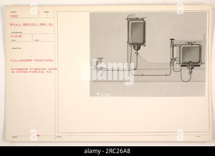 Das Bild zeigt die Anordnung des Benzinsystems auf einem US-Militärwagen. Das Foto wurde am 13. Juni 1919 von einem Fotografen aus der Serviceabteilung der Technikabteilung aufgenommen. Dieses Bild wurde mit einem Beschreibungssymbol empfangen und zu Dokumentationszwecken aufgenommen. Stockfoto