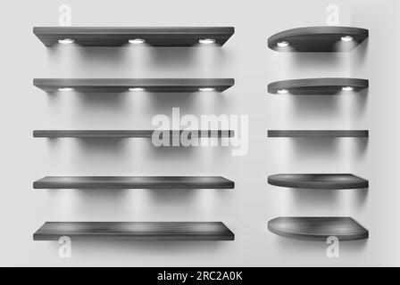 Schwarze Holzregale mit Hintergrundbeleuchtung, Front- und Eckregale auf weißem Wandhintergrund. Leere durchsichtige beleuchtete Vorsprünge oder Bücherregale. Designelement für Raumdekoration, realistisches 3D-Vektormodell Stock Vektor