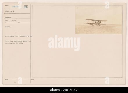 Das Foto zeigt das erste DH4-Flugzeug mit der Registrierungsnummer 22804 und Lincoln-Triebwerk Nummer 116 im Acceptance Park in Detroit, Michigan. Das Foto wurde am 7. Februar 1919 von dem Fotografen mit der ID-Nummer 54345 vom D.M.A. aufgenommen Diese Information wurde in der Fotobeschreibung aufgezeichnet. Stockfoto