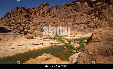 Das ruhige Wasser des Guelta d'Archei-Sees, das einen markanten Kontrast im Herzen von Ennedi offenbart, ist wunderschön von majestätischen Felsformationen eingerahmt Stockfoto