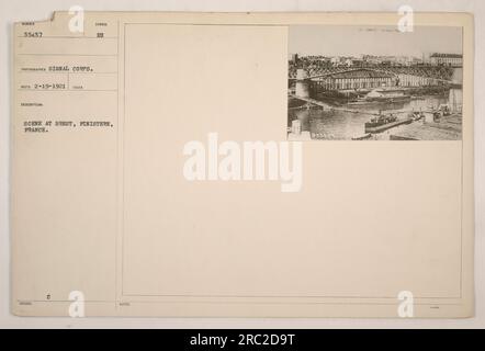 Amerikanisches Militär und Ausrüstung stationiert in Brest, Finistere, Frankreich während des Ersten Weltkriegs. Das Foto wurde vom Signalkorps aufgenommen und erhielt es am 19. Februar 1921. Das Bild zeigt eine Szene mit verschiedenen Symbolen und Notizen, die an militärische Aktivitäten erinnern. Dies entspricht den Notizen, die bezüglich des Tatorts in Brest, Finistere, herausgegeben wurden. Abgeschlossen am 4. März, wie in Dokument @55455 erwähnt. Stockfoto