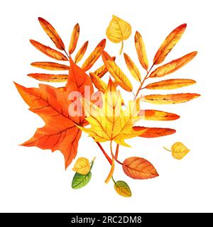 Aquarelle Zusammensetzung der Herbstblätter, Blumenstrauß mit orangefarbenen Ahornblättern, handgezeichnete Illustration der gelben und orangefarbenen Herbstblätter, gezeichnet Stockfoto