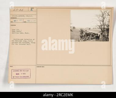 Maschinengewehrbataillon der Nationalarmee, ausgebildet und ausgerüstet, bereit für den Einsatz in Übersee. Foto aufgenommen am 18. Februar 1919, in der 91. Div In Camp Lewis, American Lake, Washington. Zensiert und am 7. März 1918 vom war College Division Laboratory veröffentlicht. Fotodetails: R5585. Stockfoto