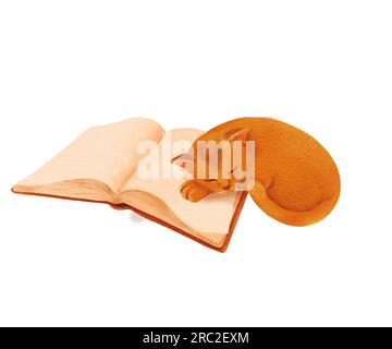 Eine gemütliche Katzenkomposition. Ein kleines rotes Kätzchen schläft auf einem offenen Buch. Lustiges Tier als Kind. Design für Babyhemd-Design, Kinderzimmer-Dekor, Kartenmacher Stockfoto