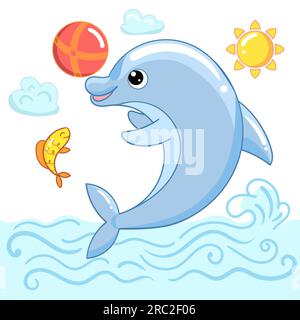 Süßer Cartoon-Delfin mit einem Ball. Vektordarstellung Stock Vektor