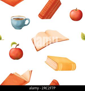 Wasserfarbenes nahtloses Muster verschiedener Bücher, blaue Teetasse, offenes Retrobuch und roter Apfel. Wieder-zur-Schule-Illustration. Helle Abbildung für Stockfoto