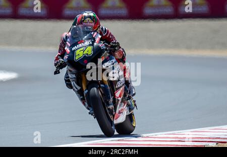 Juli 09 2023 Monterey, CA, U.S.A Richie Escalante(54) wird während der Mission Foods MotoAmerica Superbikes R3 auf dem WeatherTech Raceway Laguna Seca Monterey, CA Thurman James/CSM in die 4. Kurve einbiegen Stockfoto