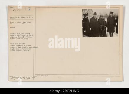 Sir Frederick E. Smith, Generalstaatsanwalt von Großbritannien, zusammen mit Miss Enid Hendrie, Lieut. Gouverneur Sir John Hendrie, Lady Hendrie und Colonel Meriwether besuchen das Government House in Toronto, Kanada, während ihrer Tour durch die USA und Kanada, wie in diesem Foto dokumentiert. Das Bild wurde am 5. Februar 1918 an die Photographic Division herausgegeben. Stockfoto