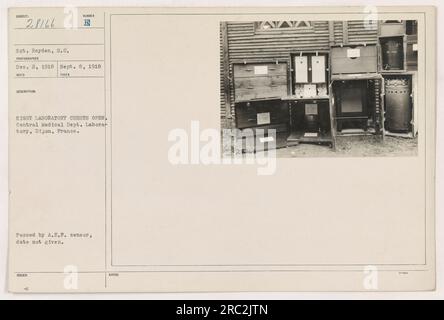 Sgt. Reyden steht vor acht offenen Laborkisten im Labor der Zentralen Medizinischen Abteilung in Dijon, Frankreich. Dieses Foto wurde am 8. September 1918 aufgenommen und vom A.E.F.-Zensor herausgegeben. Stockfoto