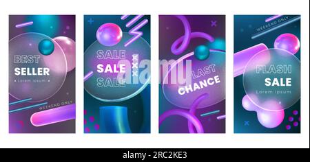 Sale Social Network Story Template im Glas Morphismus Stil. Transparente Banner mit violetten abstrakten geometrischen Formen auf dem Hintergrund. Glassmorphismus-Werbung. 3D Vorlagen für Broschüren zum kreativen Design. Stock Vektor