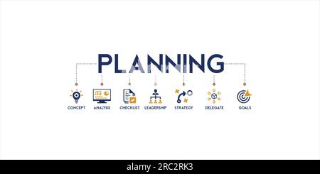 Banner der Planungskonzeptvektordarstellung mit Symbolen von Konzept, Analyse, Checkliste, Führung, Strategie, Delegieren und Ziele Stock Vektor