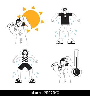 Schwarzweiß-Konzept-Vektor-Spot-Zeichnungssatz mit Warnung vor übermäßiger Hitze Stock Vektor