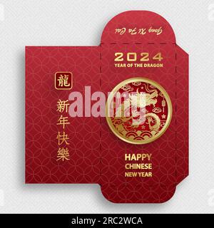 Chinesisches Neujahr 2024 glücklicher roter Umschlag Geldtasche auf farbigem Hintergrund für das Jahr des Drachen (Übersetzung: Frohes chinesisches Neujahr 2024, Jahr Stock Vektor