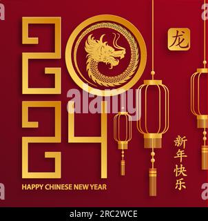 „Happy Chinese New Year 2024 Dragon Zodiac“-Schild mit goldener Papierschnitthöhe und Kunsthandwerk auf farbigem Hintergrund (Chinesische Übersetzung: Frohes neues Jahr 2024, Stock Vektor