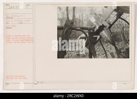 Eine Nahaufnahme des Anblicks auf dem 18 cm langen englischen Kegel, der vom Research and Inspection Bureau in Paris, Frankreich während des Ersten Weltkriegs verwendet wurde. Dieses Foto von Sergeant Gallivan wurde am 2. Dezember 1918 aufgenommen. Das Bild ist nicht zur Veröffentlichung bestimmt und nur für den offiziellen Gebrauch bestimmt. Stockfoto