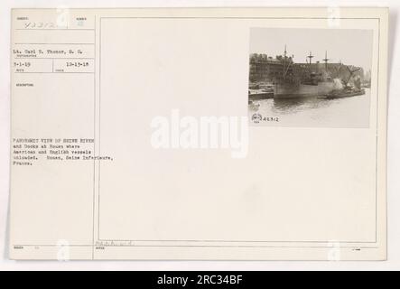 Panoramablick auf die seine und die Docks in Rouen, Frankreich, wo amerikanische und englische Schiffe im Ersten Weltkrieg entladen wurden. Das Foto wurde von LT. Carl T. Thonor, S. G., am 1. März 1919 aufgenommen. Es wurde am 13. Dezember 1918 von der Armee herausgegeben. Bildquelle: 111-SC-42312. Stockfoto