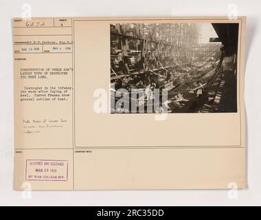 Ein Zerstörer in den frühen Bauphasen, fotografiert von LT. E.N. Jackson in San Francisco, Kalifornien, am 6. März 1918. Das Schiff ist Uncle Sams neuester Zerstörer, 330 Meter lang. Dieses Foto wurde nur eine Woche nach dem Ablegen des Kieles aufgenommen, und die gebogenen Rahmen geben einen Einblick in den allgemeinen Umriss. Das Bild wurde zensiert und am 19. März 1918 vom Labor der war College Division veröffentlicht. Stockfoto