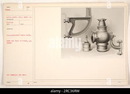 Teile für WWI-Militärfahrzeuge mit Seiten- und Heckpartie eines Lkws sowie Öllampen. Das Fahrzeug ist durch die Nummer 56818 gekennzeichnet und mit dem M.T.C.:SERV verbunden. ABTEILUNG: ENGR. B?. Das Foto wurde am 13. Juni 1919 von einem unbekannten Fotografen aufgenommen. Dieses Bild ist Teil einer Sammlung mit der Bezeichnung „U.S. Army Truck Parts“ mit dem Beschreibungssymbol Beco. Das Bild ist als „NUR FÜR DEN OFFIZIELLEN GEBRAUCH“ klassifiziert und enthält verschiedene Hinweise, die als Mc-HINWEISE D 9956818 J bezeichnet werden Stockfoto