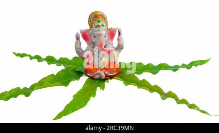 Lord ganesha-Idol auf einem frischen grünen aschoka- oder Saraca-Asoka-Baum mit weißem Hintergrund Stockfoto