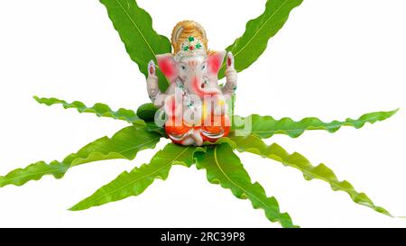 Lord ganesha-Idol auf einem frischen grünen aschoka- oder Saraca-Asoka-Baum mit weißem Hintergrund Stockfoto