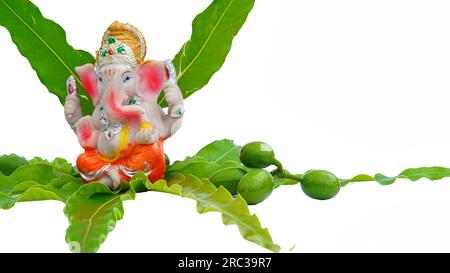 Lord ganesha-Idol auf einem frischen grünen aschoka- oder Saraca-Asoka-Baum mit weißem Hintergrund Stockfoto