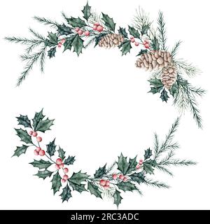 Weihnachtskranz aus Ileexzweigen mit roten Beeren und Fichtenzweig, immergrünen Baum, Kiefernzapfen. Smaragdholly-Blätter. Botanisches Winterberry-Banner Stockfoto