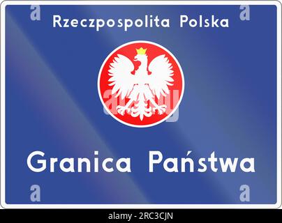 Polnisches Verkehrszeichen bedeutet der Text: Republik Polen - Staatsgrenze Stockfoto
