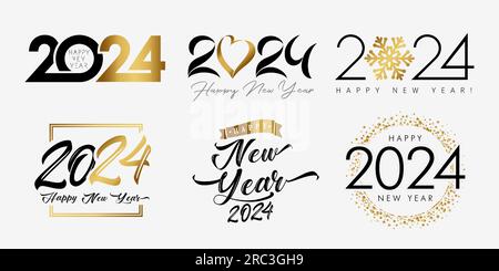 Großes Set mit 2024 „Happy New Year“-Logo mit goldenen und schwarzen Buchstaben, Herz und Schneeflocke. Vorlagendesign 20 24-Nummer für Silvesterparty-Flyer Stock Vektor