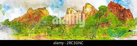 Digital erstelltes Aquarellgemälde des Court of the Patriarchs, der drei Patriarchen im Zion-Nationalpark Stockfoto