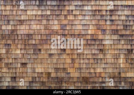 Wood Shake Wall. Holzschüttler. Grunge-Zedernfliesen-Platte an der Außenwand. Grunge-Zedernfliesen-Platte an der Außenwand. Die Wand des Hauses ist mit kleinen Holzfliesen als Hintergrund bedeckt Stockfoto