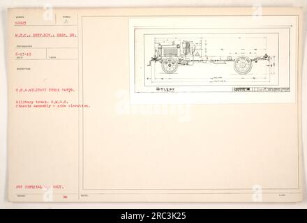 Teile für US-Militärfahrzeuge: Dieses Foto zeigt eine militärische Lkw-Fahrgestellbaugruppe, insbesondere die seitliche Höhe des O.M.G.O.-Modells. Das Bild wurde am 13. Juni 1919 von einem US-Militärfotografen aufgenommen. Es handelt sich um ein offizielles Dokument, das für militärische Zwecke herausgegeben wurde und einen detaillierten Überblick über die Bauteile des Lkws bietet. Stockfoto