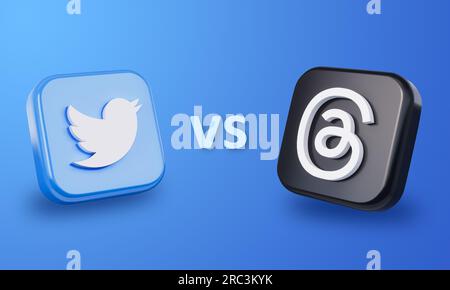 Pune, Indien, 12. Juli 2023 - Threads VS Twitter App-Symbole in 3D-Abbildung von Angesicht zu Angesicht. Threads ist eine neue Social-Media-App von Instagram und Meta Stockfoto
