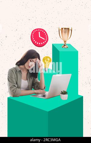 Vertikale abstrakte kreative Illustrationscollage einer müden, überwältigten Frau, die spät im Büro arbeitet, isolierter Zeichnungshintergrund Stockfoto
