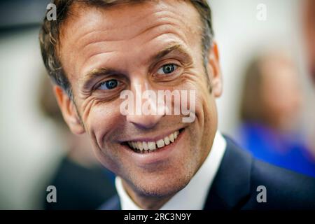 Vilnius, Litauen. 12. Juli 2023. Emmanuel Macron, Präsident Frankreichs, wurde auf dem NATO-Gipfel in Vilnius, Litauen, fotografiert. Vilnius, 07/12/2023. Kredit: dpa/Alamy Live News Stockfoto