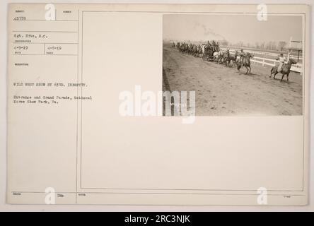 Soldaten der Infanterie aus dem Jahr 63. führen eine Wild-West-Show im National Horse Show Park in Virginia auf. Auf diesem Foto werden sie bei einer großen Parade im Park gesehen. Das Bild wurde am 9. April 1919 von Sergeant Hitz vom Signalkorps aufgenommen. Die ausgestellte Nummer des Fotos ist 6245739. Stockfoto