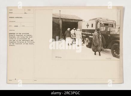 Mitglieder des Scottish Women's Hospital aus London, England, vertreten Männer der Ambulance and Hospital Division in Villiers, Aisne, Frankreich. Dieses Foto wurde 1919 aufgenommen und ist Teil der offiziellen französischen Sammlung während des Ersten Weltkriegs. Stockfoto