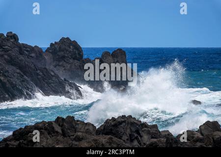 Lavafelsen und Wellen in Seixal, an der Küste der Insel Madeira, Portugal Stockfoto