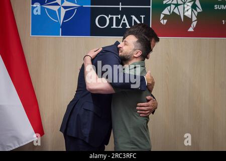 Volodymyr Zelenskyy trifft Mark RUTTE (scheidender Ministerpräsident der Niederlande). Präsident Wolodymyr Zelenskyy in Vilnius auf dem NATO-Gipfel am 12. Juli 2023. Arbeitsbesuch des ukrainischen Präsidenten in der Republik Litauen Foto: Das Präsidialamt der Ukraine Via Stockfoto